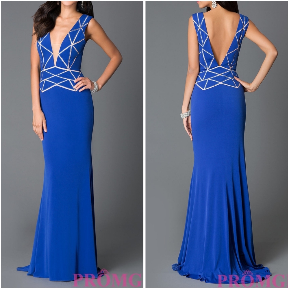 NWT Jovani Royal Blue Plunging Illusion Gown Sz 00